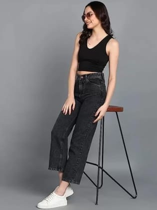 Glossia Fashion  High Waist Boyfriend Women Jeans Cotton Lycra Stretchable Wide Leg Denim -  Black, 26