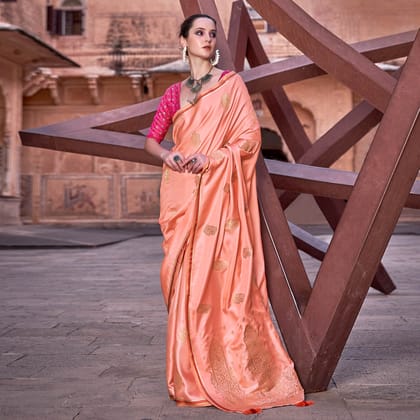 Peach Satin Silk Saree With Tassels