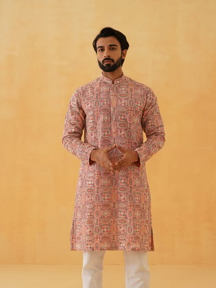 Men's Georgette Multi Embroidered Kashmiri Work Peach Long Kurta-36