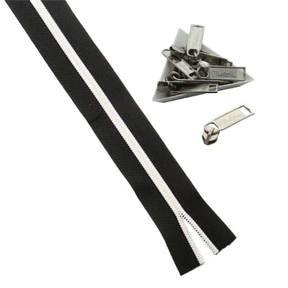 Black With White Nylon Sewing Zippers (2 Meters) Size 1.38 Inch No:5 With 10 Pieces Steel Zip Pulls Runners For Making Bags-Zipper 2 Meters + Pullers 10 Pieces