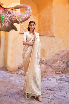 Craem Sequins Handloom Weaving Saree-Cream