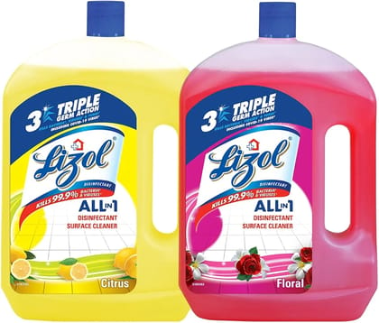 Lizol Disinfectant Surface & Floor Cleaner Liquid - Combo Citrus & Floral, 2 l (Pack of 2)