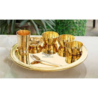 IndianArtVilla Pure Brass 7 Pieces Dinner Set, Hammered Design, Set of 1 Thali, 1 Glass, 1 Spoon, 1 Halva Plate, 3 Bowl