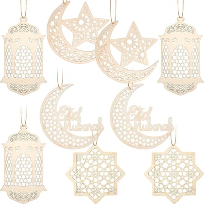 Cliths 9 Pieces Wooden Pendant Ornament Rustic Happy Eid Hanging Sign for Ramadan Mubarak Eid Party Decorations