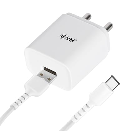 EVM CH-02 USB Smart Charger with Type C Cable for Smartphone, 5V Fast Charger, 2.4A Output, White