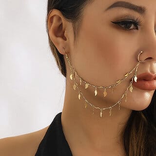 QUECY Metal Non Pierced Double Layered Droplet Shaped Designer Nose Chain for Women - Golden Colour