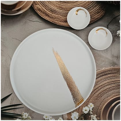 Ceramic - 12.25 Inch - Round Platter with 2 Dip Bowls - Ivory Gold Paint Brush