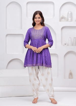Purple Sequence Embroidered Short Kurta with Dhoti Pants-M-38