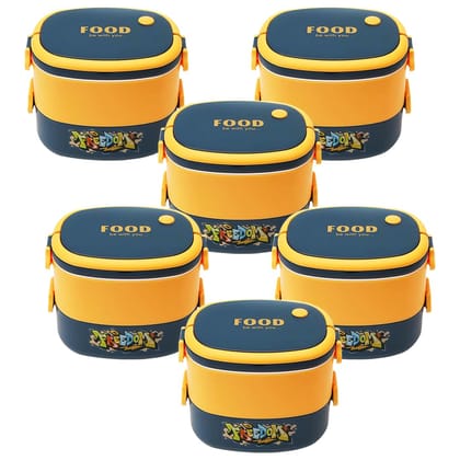 Kuber Industries Insulated Lunch Box, 2 Compartments, BPA Free, Leakproof, Dishwasher & Microwave Safe, 1450 ML, Pack of 6, Yellow/Blue-Kuber Industries Insulated Lunch Box, 2 Compartments, BPA F