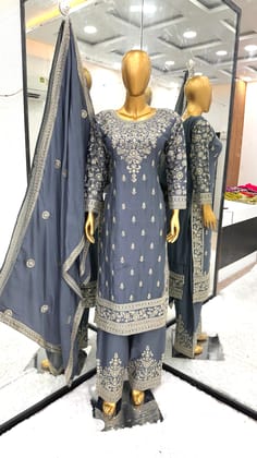 Outstanding Sequence Work Grey Color Palazzo Suit-M