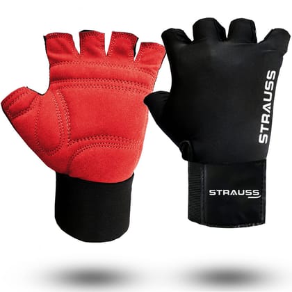 STRAUSS Suede Gym Gloves, Half Finger, 8mm Foam Cushion, Anti-Slip, Breathable Lycra, Red/Black, XL.-STRAUSS Suede Gym Gloves for Weightlifting, Training, Cycling, Exercise & Gym | Half Finger De