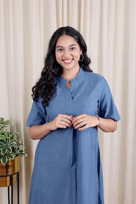 Denim Blue Hand Dyed Cotton Blend Women Short Dress Short Sleeves WSDSS10242-S