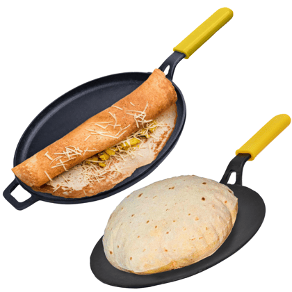 GEMMA Cast Iron Pre-Seasoned Dosa Tawa & Roti Tawa with Handle Pack of 2 Combo-Yellow