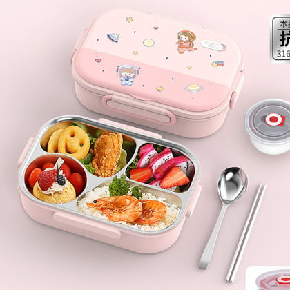 Space Bento Steel Lunch Box with 4 Compartments + Steel Dabbi-Pink