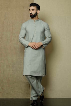 Set of 2:Grey Cotton Kurta with Yoke and Pyjama-44