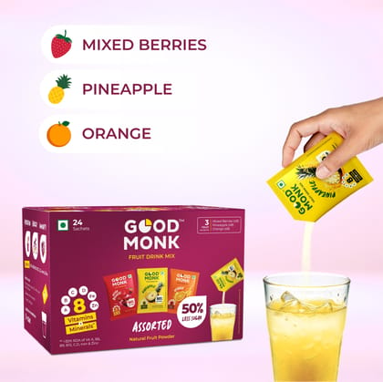 Instant Fruit Drink Mix - Assorted (Natural Orange, Mixed Berries, Pineapple Powder), 50% Less Sugar, With 8 Vitamins & Minerals-1 x 24 Sachets Pack