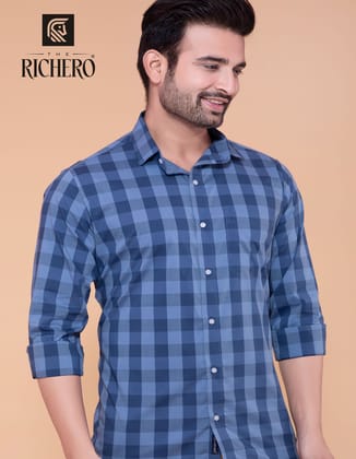 Distinguished Cobalt and Light Blue Checks Shirt-38 - S