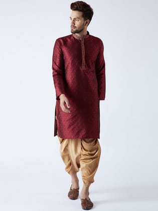 Men's Maroon & Gold Silk Dhoti Kurta Set-38