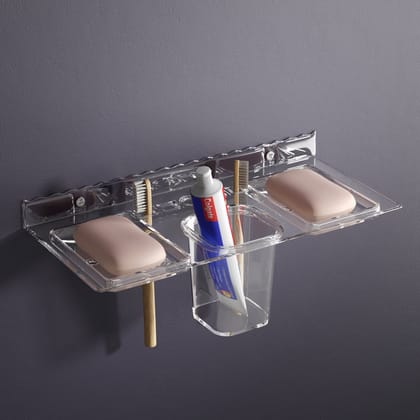 Double Soap Dish with Toothbrush & Tumbler Holder Usable for Bathroom