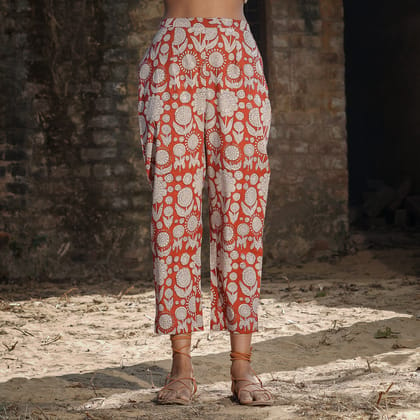 Brick Red Block Printed Cotton Straight pants-XS / in