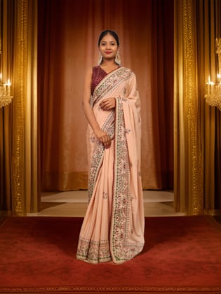 Designer Saree with Peark String on Pallu & Embroider Work by Shreekama-Peach / Free Size