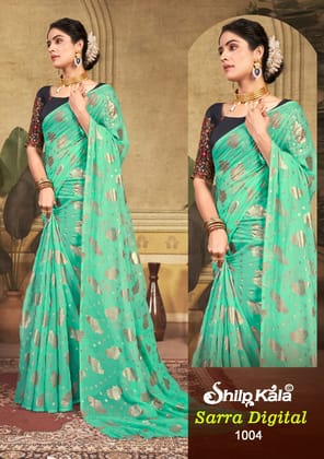 Sarra Multicolour Georgette Saree with Copper Foil Print and Jari Work Blouse (8 Colours Available).-Sea Green