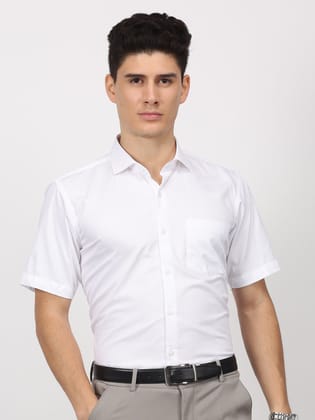 White Solid Short Sleeve Formal Shirt-L/40