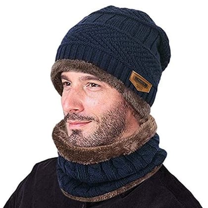 Winter Beanie Cap Hat Scarf Set for Men Women-Navy Blue