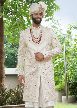 Off White Embroidered Sherwani-Off White