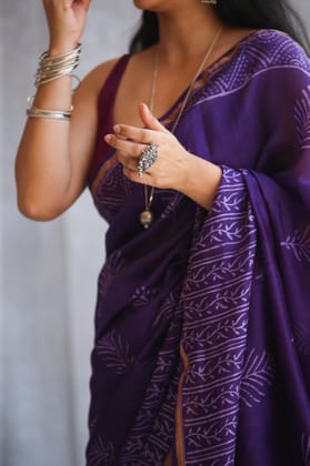 Violet Blockprint Chanderi Saree