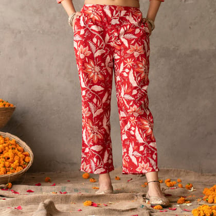 Red block printed cotton straight pants-XS / in