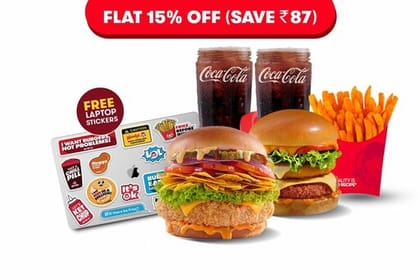 2 Premium Non Veg Burgers + 2 Beverages + Fries