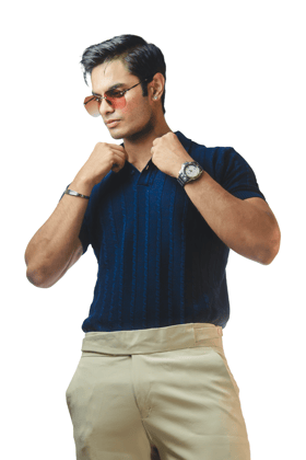 Navy Knitted Polo T-Shirt-L