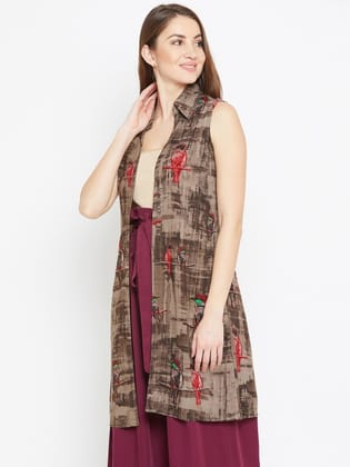 Brown Printed Open Front Fusion Shrug