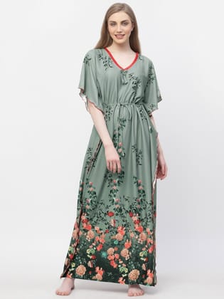 Floral Printed Satin Maxi Kaftan Nightdress