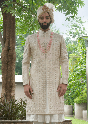 Off White Embroidered Sherwani-White