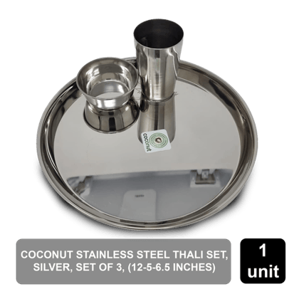 Coconut Stainless Steel Smart Thali Set, Silver, Set Of 3 (Thali - 12 Inches, Bowl - 5 Inches And Glass - 6.5 Inches)