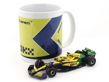 Coffee mug & 2024 McLaren MCL38 No.81 Oscar Piastri Senna Tribute 1:43 Bburago Formula 1 diecast scale model car