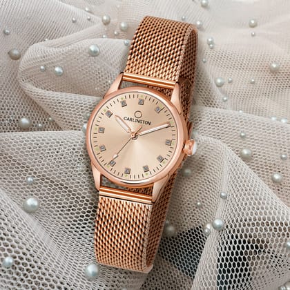 Carlington Elite Ladies Self Adjustable Mesh Strap Water Resistant Analog Watch - For Women CT2003 Rosegold