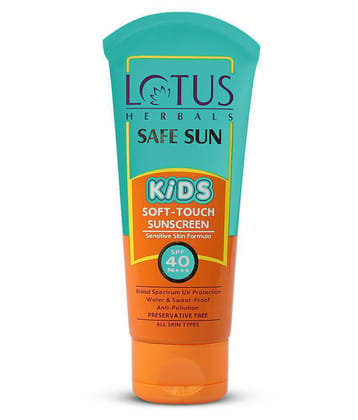 Lotus Herbals Safe Sun Kids Soft-Touch Sunscreen | SPF 40 | PA+++ | Waterproof & Sweatproof | Preservative Free | Anti Pollution | All Skin Types | 80g