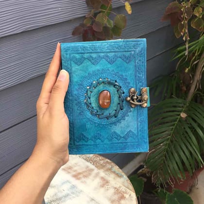 Leather Diary Journal | Notebook Planner Diaries With Antique Lock | Personal Traveller's Book, Sketchbook With Stone Work - for Writing, Table, Office, Desk, Study, Corporate Gifts | Gift for Hi