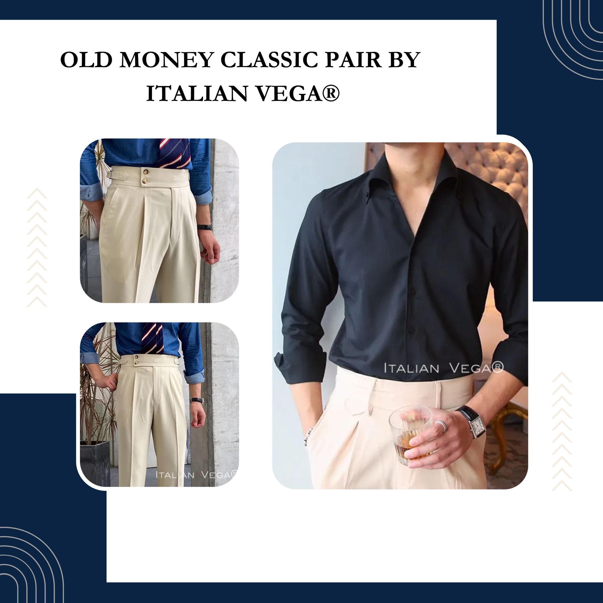 Old Money Black Shirt with Beige Signature Buttoned Gurkha Pant by ITALIAN VEGA®-M / 28