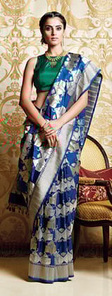 Classic Cream and Blue Designer Soft Silk Printed Sari J-98