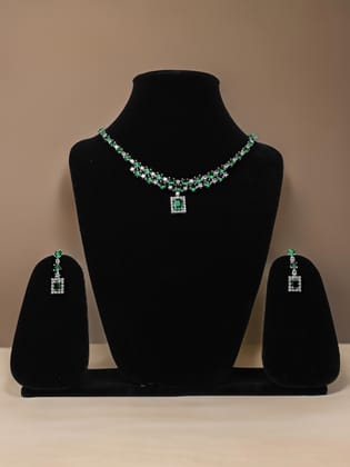 Silver Plated Green AD Necklace Set-Green