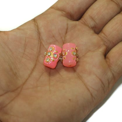 5 Pcs, 16x10mm Handpainted Kundan Work Tube Beads Pink-Pink / Glass