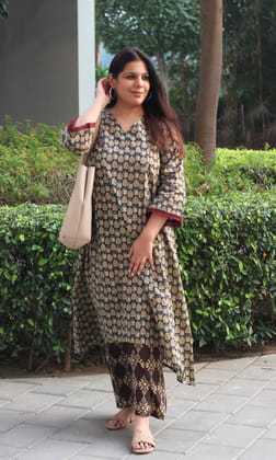 Cotton Dark Brown Ajrakh Palace Print High Low Kurta & Palazzo-XXS