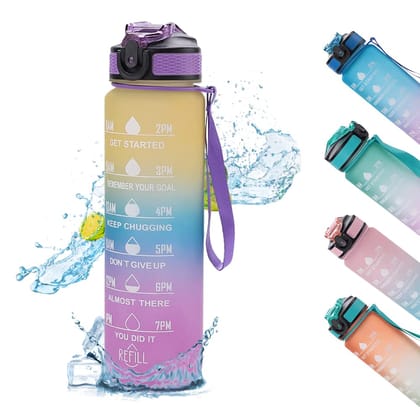 Urbane Motivational Water Bottle with Time Marker, Straw, 1L, Yellow/Purple. Ideal for Gym, Home, Office, School.-Urbane Motivational Water Bottle with Time Marker & Straw | For Gym, Home, Office