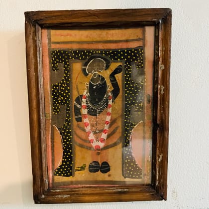 Shrinathji 6 : Vintage, Handpainted Pichwai with muted jewel colours (7 inches, framed)