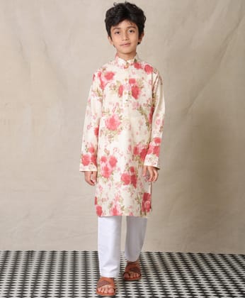 BEIGE FESTIVE PRINTED PURE COTTON KURTA WITH WHITE COTTON PAJAMA - SET OF 2-2-3 YEARS / 2N / BEIGE/WHITE