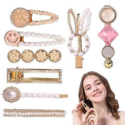 Aliza Metal Hair Clips Barrettes Pins for Women Geometric Shape Hollow Hairpin Korean Clips Hair Clip Clamps,Pearl Metal Clips, Combo Pack of 8 Design for Girls Pearl Marble (8 pcs hair pins)